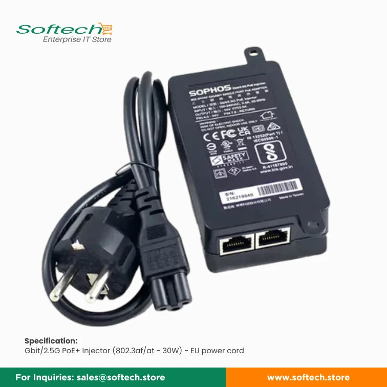 Sophos Power over Ethernet (POE) injectors for XGS firewalls and network switches, ensuring efficient power delivery.